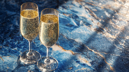 Two flute glasses filled with bubbly festive drink on a blue marble surface, illuminated by sunlight, casting shadows, celebrate special events.