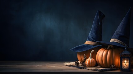 Dark blue nocturne: weathered wooden table holds single glowing lantern and jack-o'-lantern wearing deep-purple witch hat, both bathed in soft candle-light, free left-side space for text or product