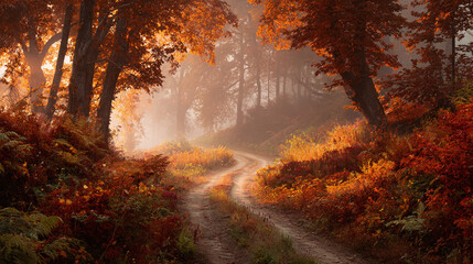 Obraz premium A serene autumn landscape with a winding path, radiant foliage, and a gentle mist. Nature's beauty unfolds in a tranquil, captivating scene.