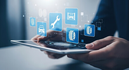 Digital Car Service Concept: Hands Holding Tablet with Car Repair, Maintenance Icons. Modern Automotive Technology and Online Vehicle Diagnostics Solution