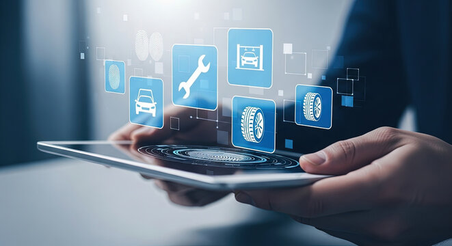 Digital Car Service Concept: Hands Holding Tablet with Car Repair, Maintenance Icons. Modern Automotive Technology and Online Vehicle Diagnostics Solution - Powered by Adobe