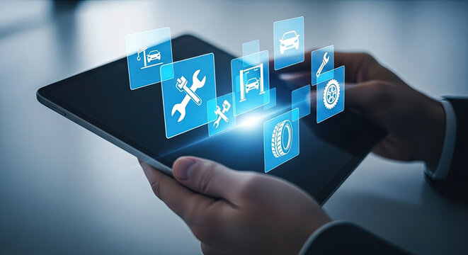 Car Repair Service App on Tablet: Digital Automotive Maintenance, Online Vehicle Diagnostics, Modern Technology for Auto Care and Mobile Car Solutions