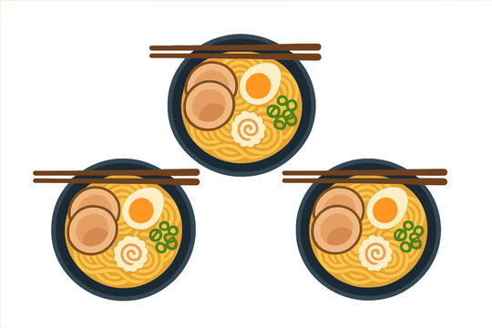 Three bowls of traditional Japanese ramen noodles with pork, egg, and narutomaki fish cake arranged in a pattern