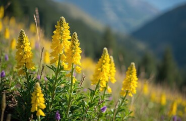Bright yellow lupine flowers bloom on a sunlit mountainside. Green leaves and purple accents dot the landscape. Distant hills create a soft blue backdrop. Nature vibrant beauty unfolds.
