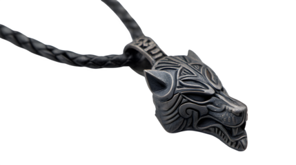 Men? pendant with wolf head carving, made of dark metal, tribal look, isolated on white