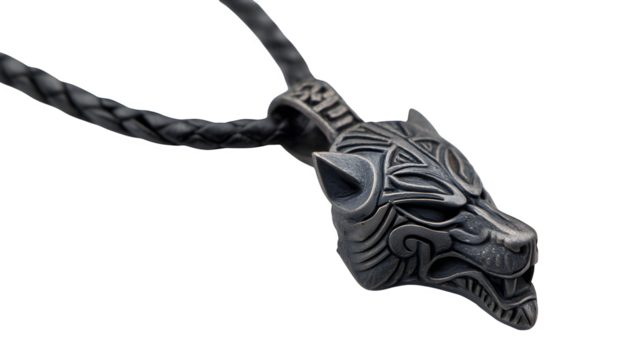 Men? pendant with wolf head carving, made of dark metal, tribal look, isolated on white