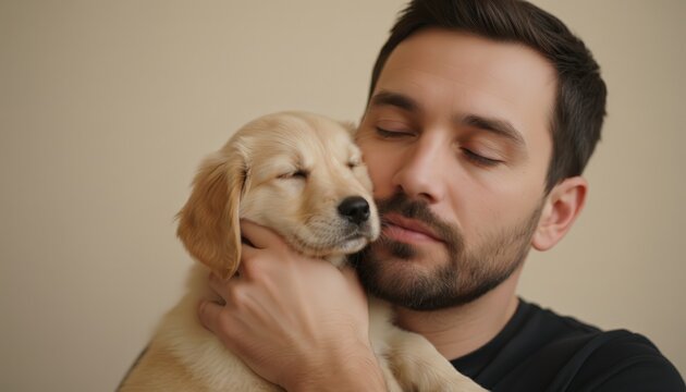 Young adult man gently holding a cute golden retriever puppy close to his face, both having their eyes closed, conveying deep affection and a strong bond between human and pet