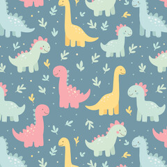 Seamless pattern with cute dinosaurs. Cartoon dinosaurs in pastel color. Used for fabric, textile, wallpaper, wrapping, kids apparel design. Vector illustration