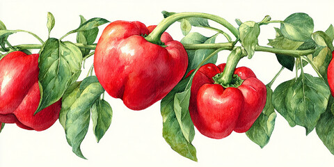 Watercolor painting of red bell peppers with green leaves forming a colorful vegetable border on white background.
