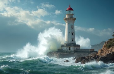 Tall white lighthouse stands on rocky shore. Big waves crash near tower during a storm. Ocean water splashes high against sea wall. Dramatic sky looms over coastline.