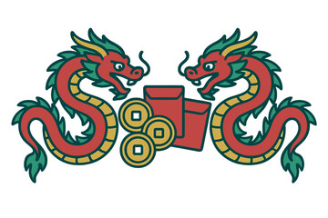 Obraz premium Traditional Chinese dragons flanking red envelopes and ancient gold coins for Lunar New Year celebration