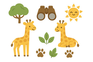 Fototapeta premium Cute cartoon giraffes, binoculars, tree, sun, and paw prints in a safari theme collection