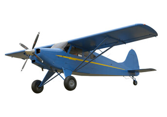 Isolated blue airplane side view with propeller and landing gear, no background in image