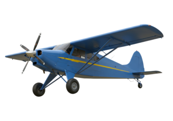 Isolated blue airplane side view with propeller and landing gear, no background in image