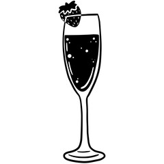Champagne Glass with Fresh Strawberry Garnish. Elegant champagne glass topped with a fresh strawberry, symbolizing celebration, romance and luxury for festive or lifestyle design themes.