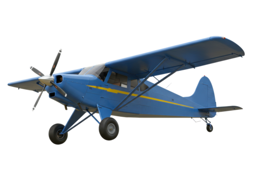 Isolated blue airplane side view with propeller and landing gear, no background in image