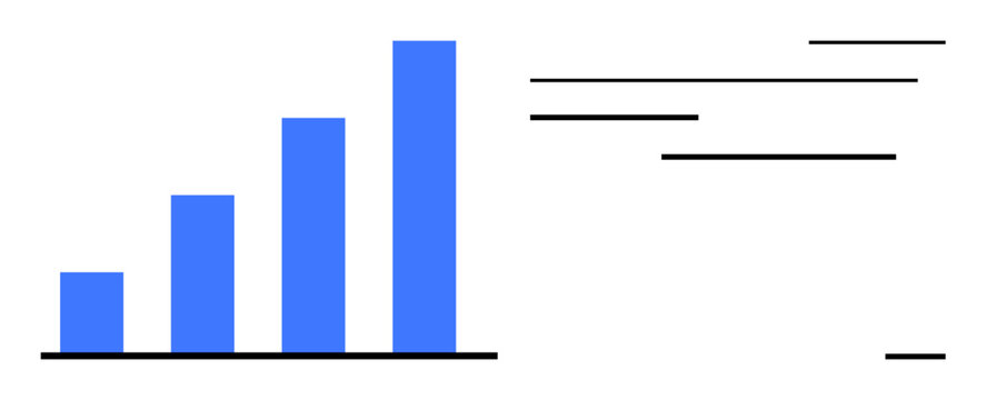 Blue bar chart showcasing upward data growth with horizontal lines illustrating progress and insights. Ideal for business, statistics, finance, analysis, trends, reports, and simple flat metaphor
