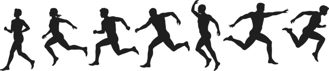 Sequence of runner silhouettes in different stride phases, isolated vector icons for sports design, fitness motion, and biomechanics illustration use.
