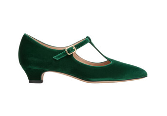 Isolated Woman's Dress Shoe in Dark Green Velvet, Pointed Toe with a Heel, T-Strap Fashion