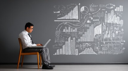 Man sits with laptop before wall covered in business data visualizations and financial diagrams representing growth and analytics