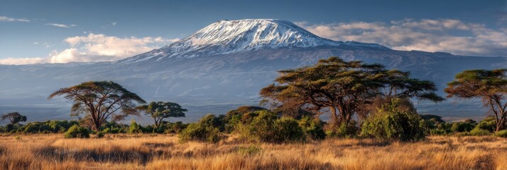 Mount kilimanjaro snowcapped peak with acacia trees in savanna