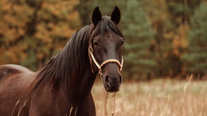 Elegance in the Autumn Glow: A majestic black horse gazes with noble grace, its dark coat contrasting against a backdrop of autumnal hues.