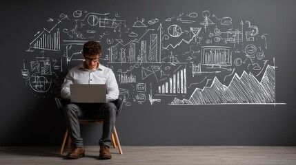 Man analyzes data trends with laptop working in modern office with business graphs and charts showing success strategy for company growth