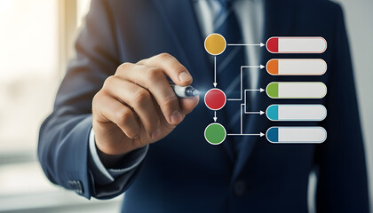 Businessman Creating Digital Workflow Chart on Virtual Screen for Strategic Planning