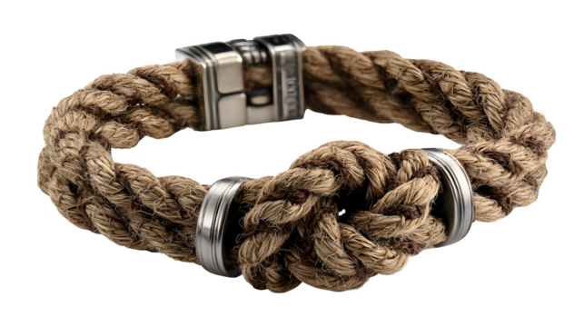 Men? rope bracelet with nautical knot and steel clasp, rugged outdoor style, transparent background