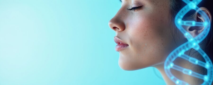 Young woman profile close up. Glowing blue DNA helix structure appears near ear. Image shows modern science, genetics, future tech, health research. Female beauty, well combined with medical bio