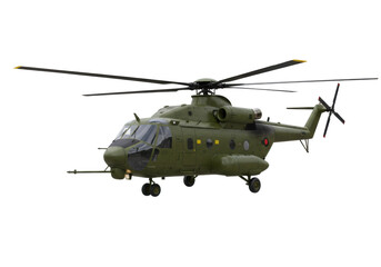 Isolated military transport helicopter on display, green color, aviation army vehicle asset