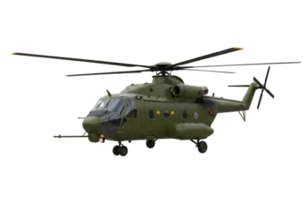 Isolated military transport helicopter on display, green color, aviation army vehicle asset