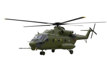 Fototapeten Hubschrauber Isolated military transport helicopter on display, green color, aviation army vehicle asset  © Maria