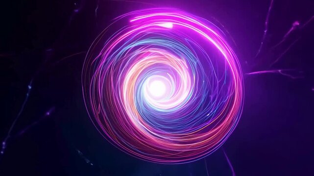 Dynamic, seamless loop of swirling pink, purple, and blue neon light trails forming an energetic, galactic vortex or wormhole