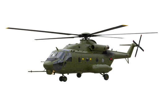 Isolated military transport helicopter on display, green color, aviation army vehicle asset