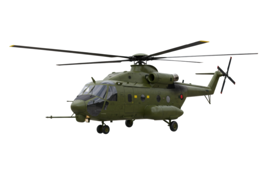 Isolated military transport helicopter on display, green color, aviation army vehicle asset