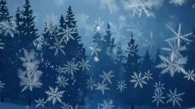 Stylized 3D animation of large, detailed snowflakes falling in front of a dark blue, silhouetted winter forest backdrop