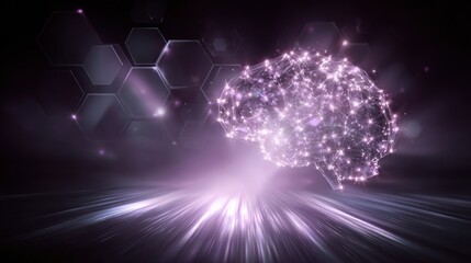 Abstract digital brain depiction with connected nodes light trails and background