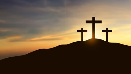 Silhouette of Christian cross on the hill with dramatic sky background. Concept of Christianity, religious, faith, Jesus, or belief