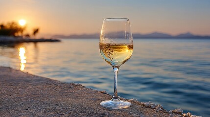 Glass of white wine on a stone pier at sunset with calm sea and golden sunlight reflection on the water