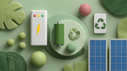 Eco-Friendly Energy Concept: An aesthetically pleasing arrangement of sustainable energy elements like solar panels, batteries and recycle sign, highlighting the green, eco-friendly future.