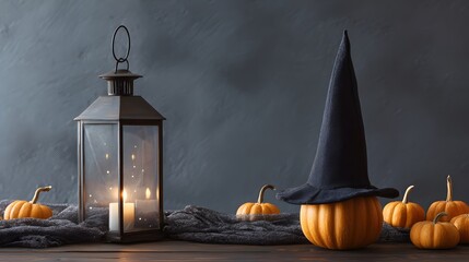 Halloween stock still-life: glowing iron lantern, jack-o'-lantern with crooked grin, velvet witch hat on rustic wooden table, soft shadows against neutral grey wall