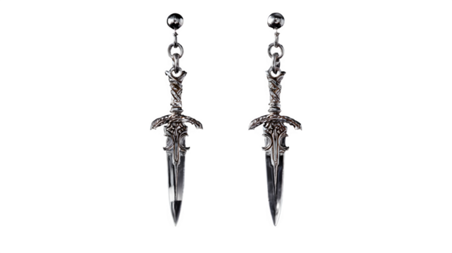 Men? sword-shaped dangling earring in polished silver, fantasy-inspired, transparent background