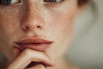 Woman with hand on her chin thoughtfully, expressing focus and decision-making.