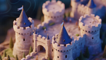 Angled aerial image highlighting the castle towers