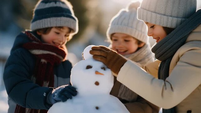 Young kids building a snowman in a snowy garden with scarves and hats, emotion of fun and teamwork visible, representing outdoor holiday play, winter festivities, and seasonal family bonding.