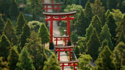 Bird’s-eye tilt-shift of red torii gates forming geometric paths