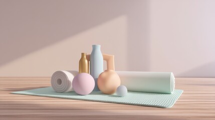 Plakat Pastel colored wellness objects arranged on a mint green yoga mat against a soft pink wall