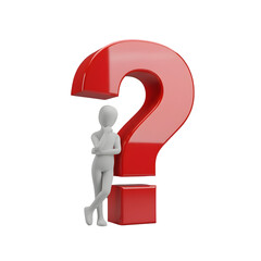 A 3D white figure leans against a large red question mark. The background is transparent, emphasizing the figure and the question mark as the main elements.