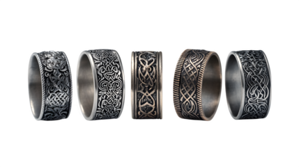 Men? tribal-style rings with intricate Celtic and Nordic engravings, isolated on white background